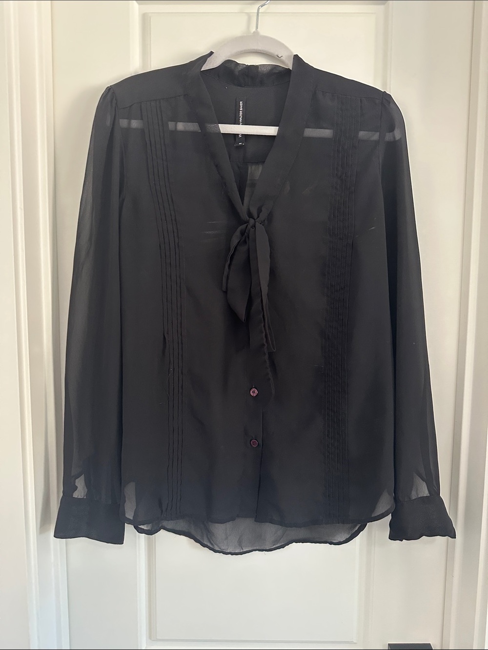 W118 by Walter Baker Black Sheer Tie-Neck Pintuck Blouse